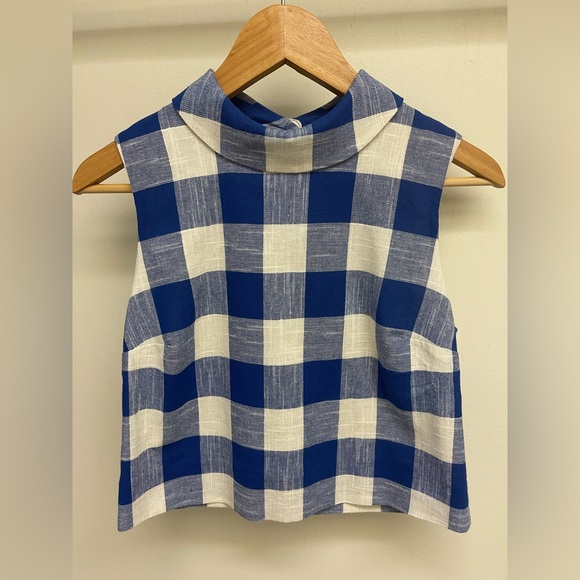 Veronica Beard Tops - Veronica Beard Blue White Gingham Sleeveless Mock Neck Top Size 4
